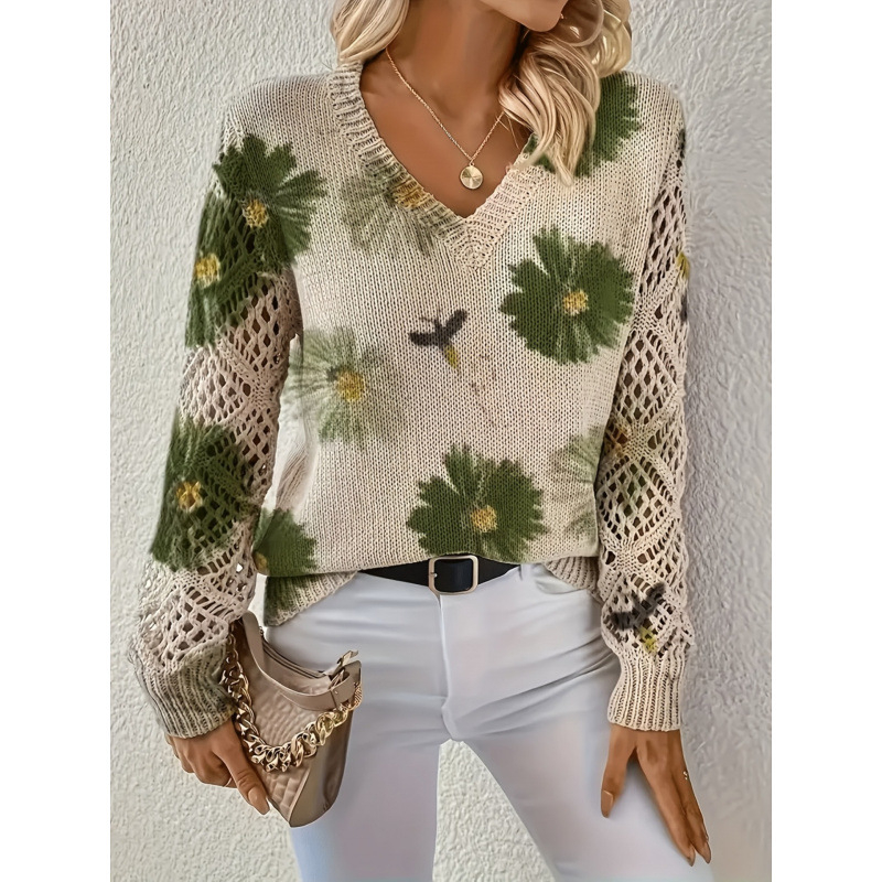 Пуловер с флорални мотиви, V-образно деколте, дълги ръкави, свободна кройка, полиестер ≥95%