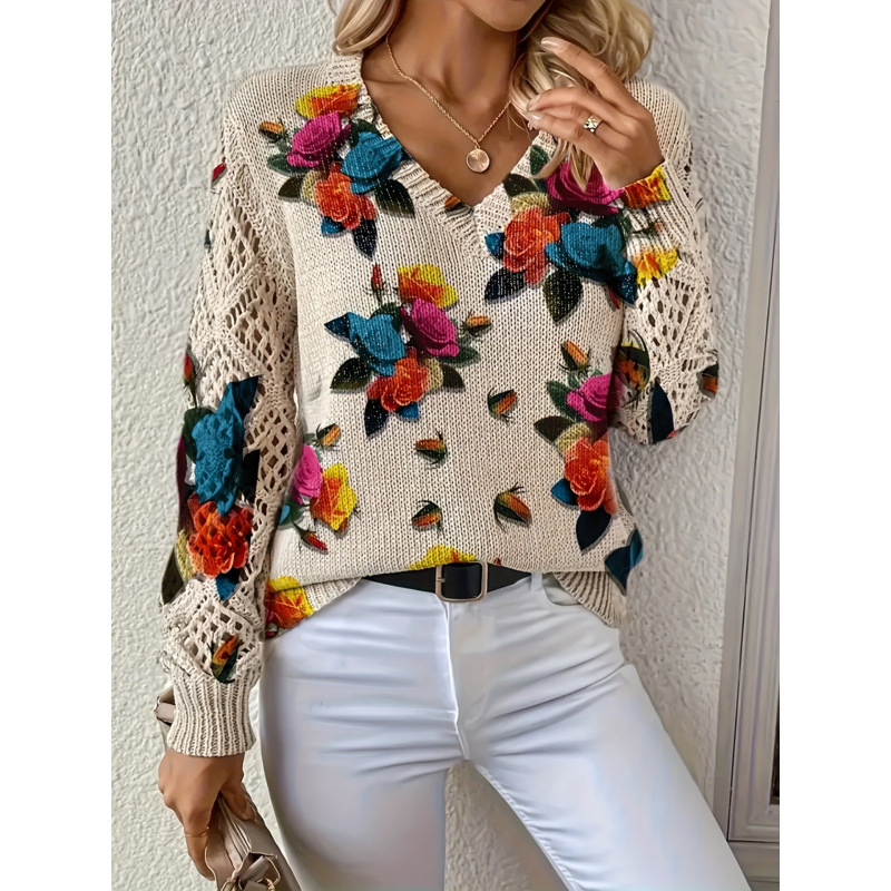 Пуловер с флорални мотиви, V-образно деколте, дълги ръкави, свободна кройка, полиестер ≥95%