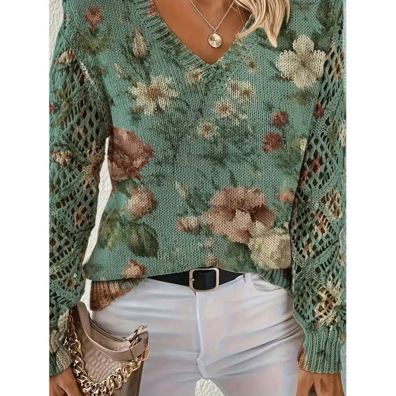 Пуловер с флорални мотиви, V-образно деколте, дълги ръкави, свободна кройка, полиестер ≥95%