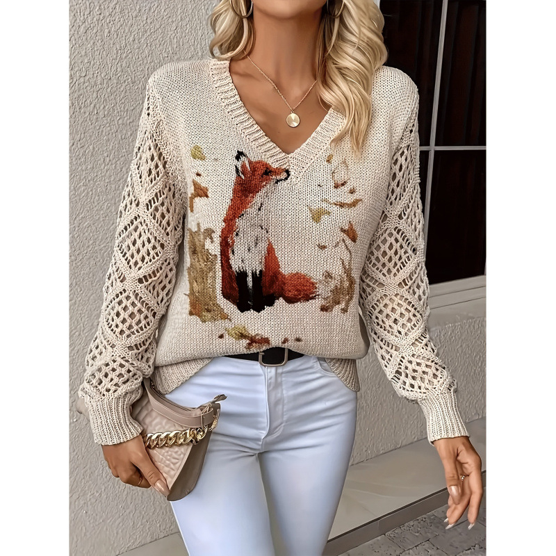 Пуловер с флорални мотиви, V-образно деколте, дълги ръкави, свободна кройка, полиестер ≥95%