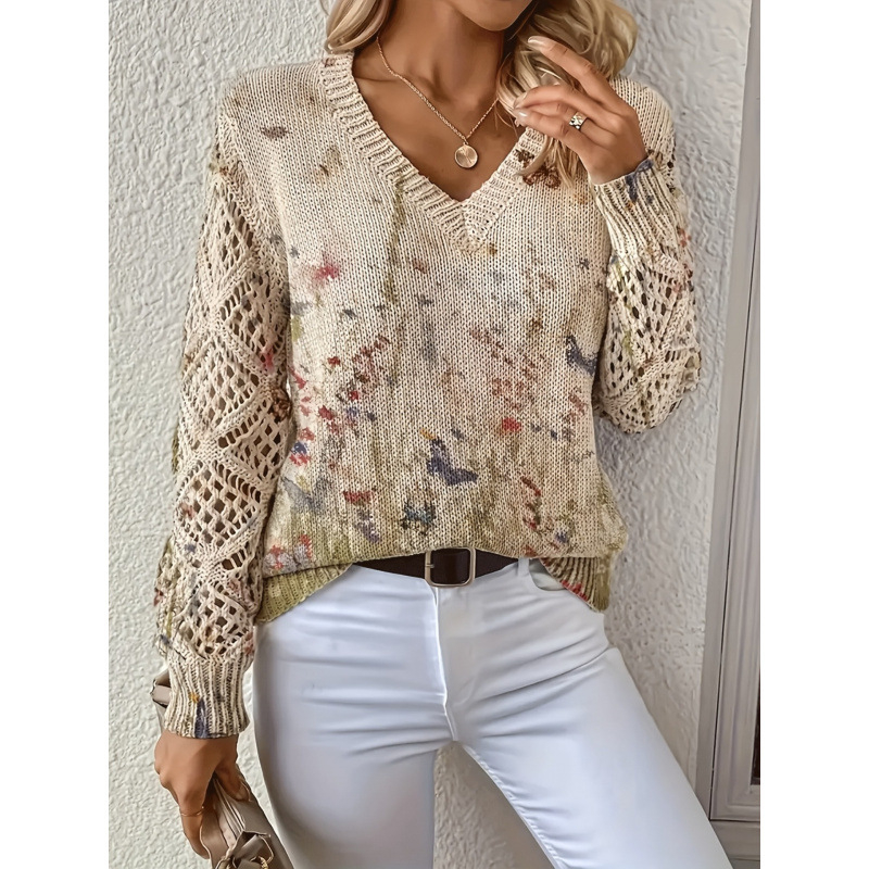 Пуловер с флорални мотиви, V-образно деколте, дълги ръкави, свободна кройка, полиестер ≥95%