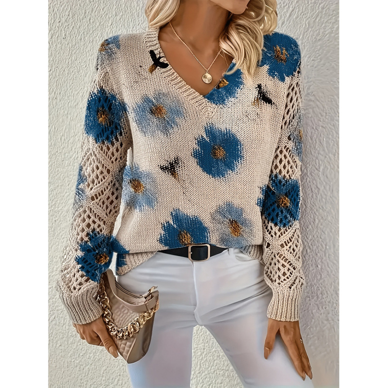 Пуловер с флорални мотиви, V-образно деколте, дълги ръкави, свободна кройка, полиестер ≥95%