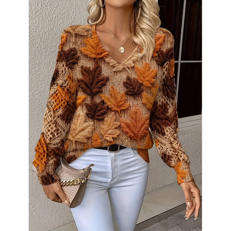 Пуловер с флорални мотиви, V-образно деколте, дълги ръкави, свободна кройка, полиестер ≥95%