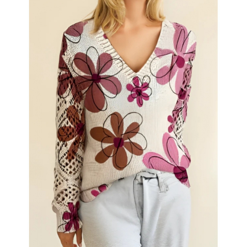 Пуловер с флорални мотиви, V-образно деколте, дълги ръкави, свободна кройка, полиестер ≥95%