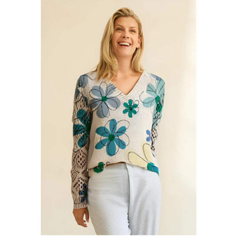 Пуловер с флорални мотиви, V-образно деколте, дълги ръкави, свободна кройка, полиестер ≥95%