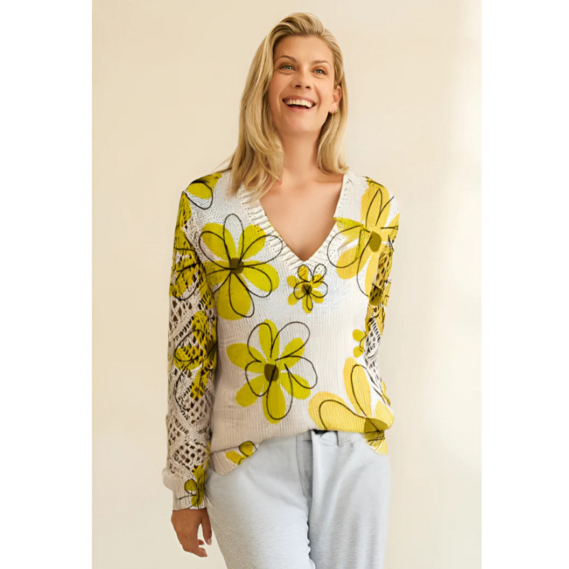 Пуловер с флорални мотиви, V-образно деколте, дълги ръкави, свободна кройка, полиестер ≥95%