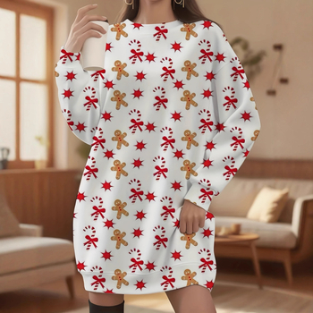 Платье от полиестер, коледен принт, кръгло деколте, дълги ръкави, миди дължина