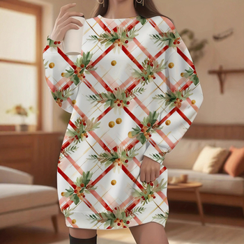 Платье от полиестер, коледен принт, кръгло деколте, дълги ръкави, миди дължина