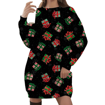 Платье от полиестер, коледен принт, кръгло деколте, дълги ръкави, миди дължина