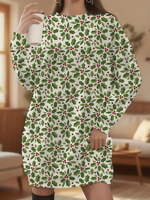 Платье от полиестер, коледен принт, кръгло деколте, дълги ръкави, миди дължина