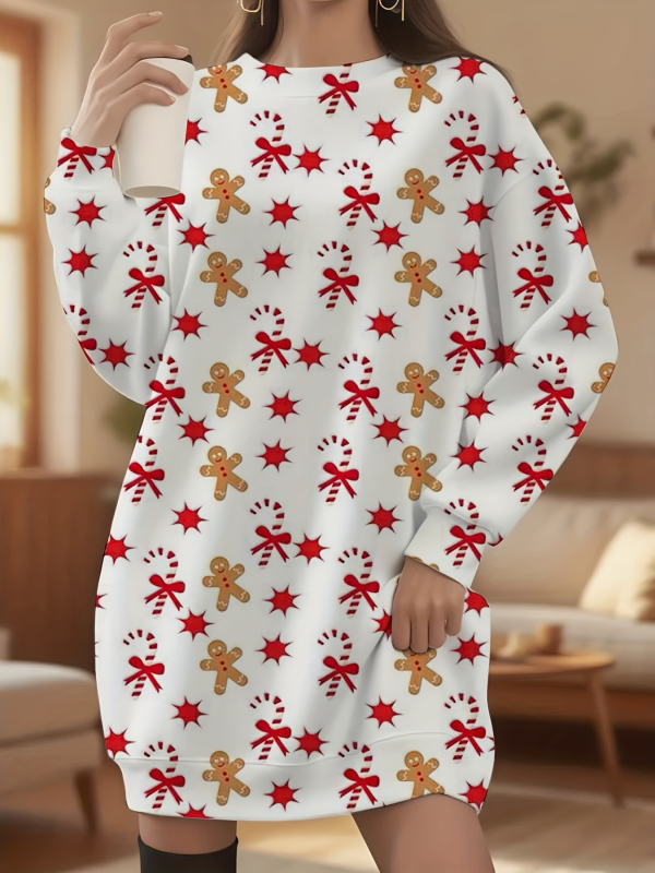 Платье от полиестер, коледен принт, кръгло деколте, дълги ръкави, миди дължина