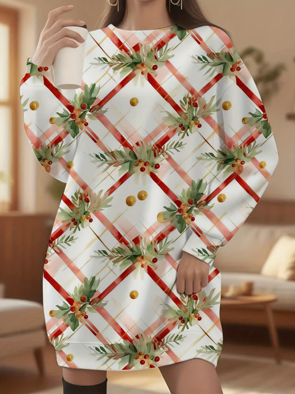 Платье от полиестер, коледен принт, кръгло деколте, дълги ръкави, миди дължина
