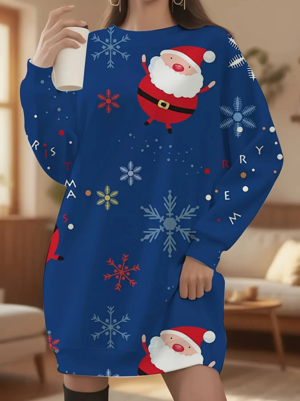 Платье от полиестер, коледен принт, кръгло деколте, дълги ръкави, миди дължина