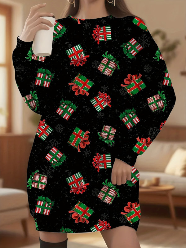 Платье от полиестер, коледен принт, кръгло деколте, дълги ръкави, миди дължина