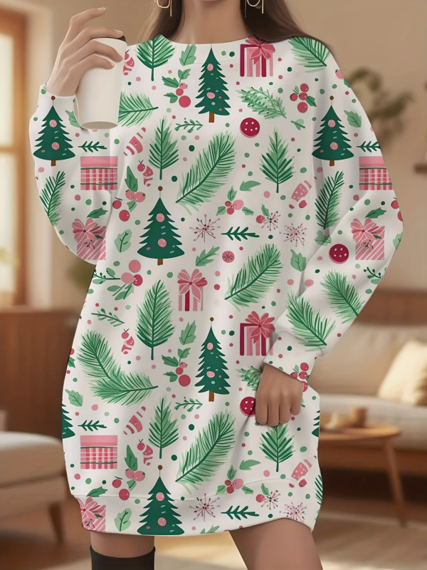 Платье от полиестер, коледен принт, кръгло деколте, дълги ръкави, миди дължина