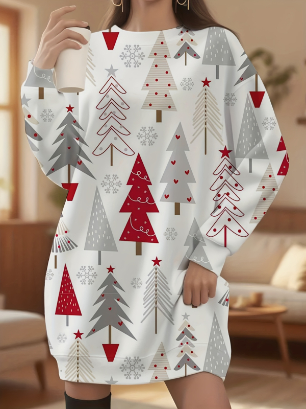 Платье от полиестер, коледен принт, кръгло деколте, дълги ръкави, миди дължина