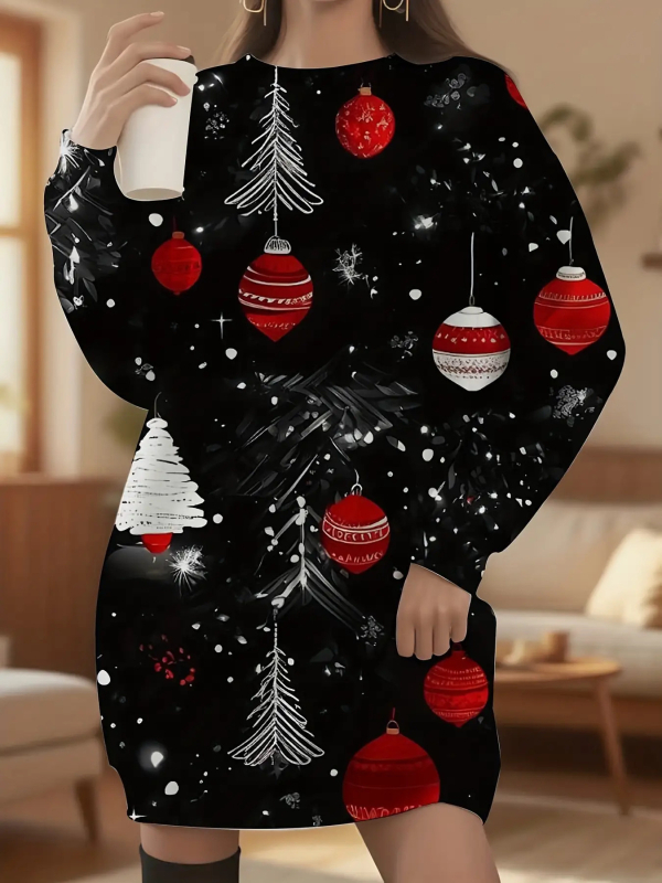 Платье от полиестер, коледен принт, кръгло деколте, дълги ръкави, миди дължина