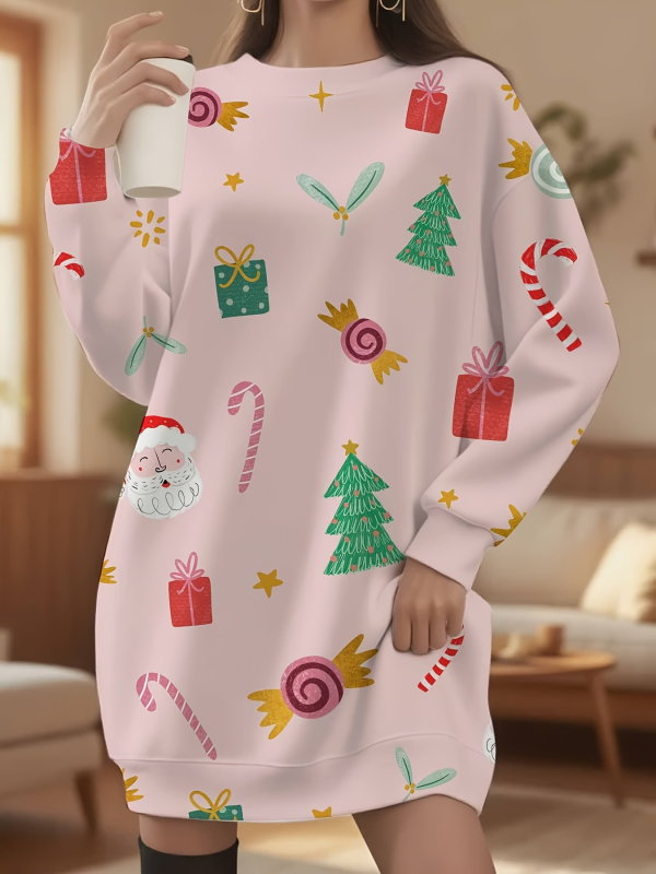 Платье от полиестер, коледен принт, кръгло деколте, дълги ръкави, миди дължина