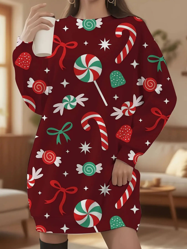 Платье от полиестер, коледен принт, кръгло деколте, дълги ръкави, миди дължина