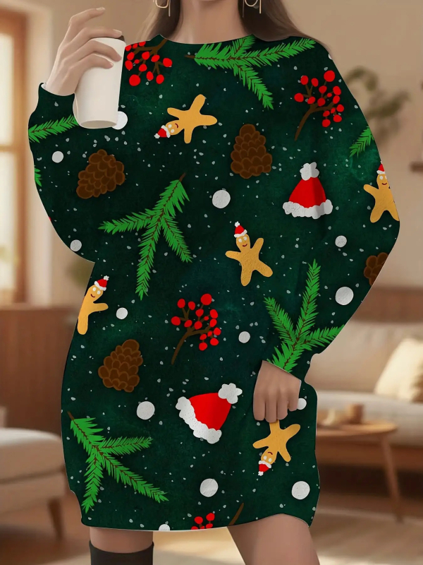 Платье от полиестер, коледен принт, кръгло деколте, дълги ръкави, миди дължина