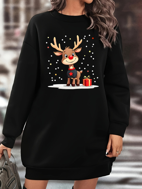 Платье от полиестер, коледен принт, кръгло деколте, дълги ръкави, миди дължина