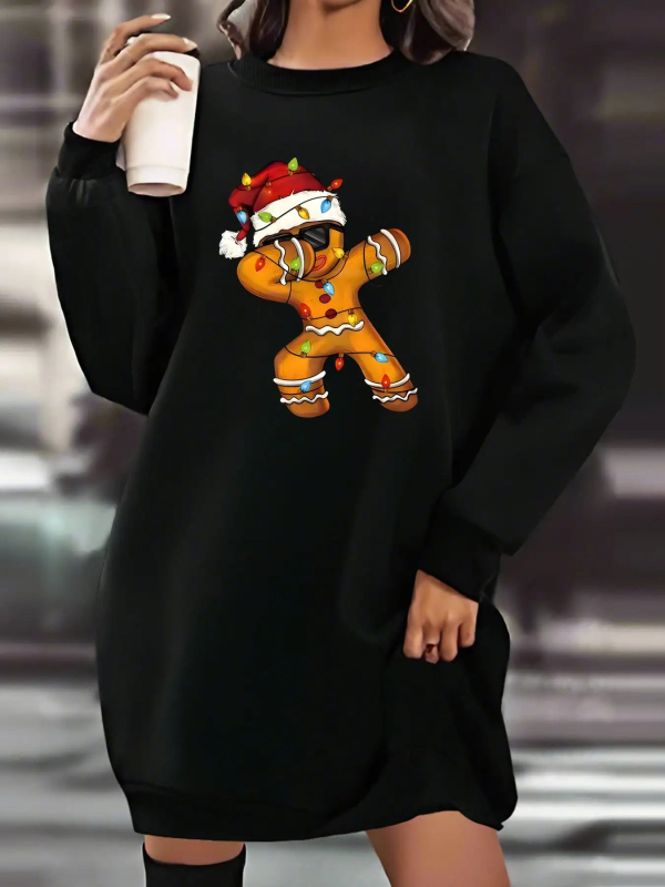 Платье от полиестер, коледен принт, кръгло деколте, дълги ръкави, миди дължина