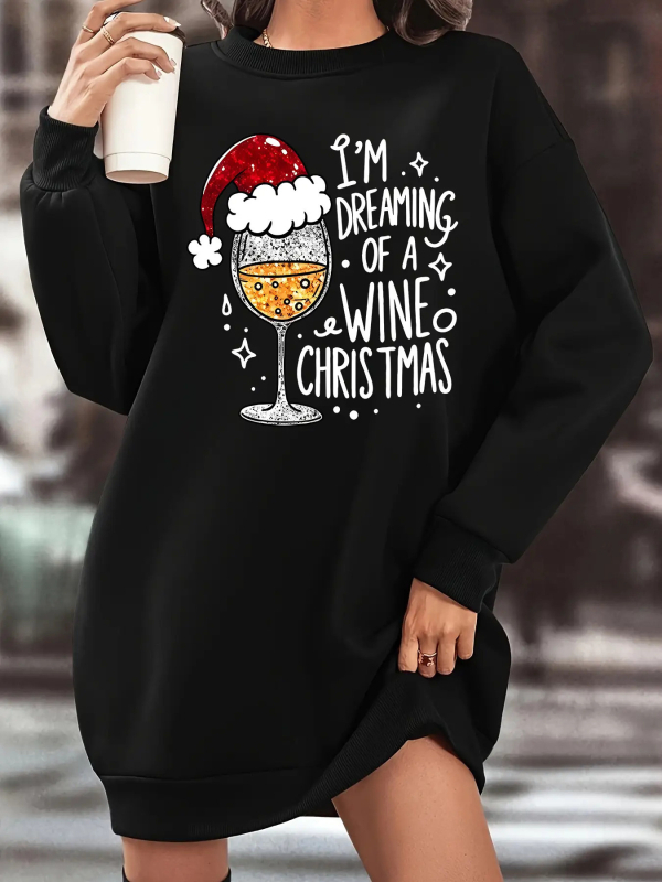 Платье от полиестер, коледен принт, кръгло деколте, дълги ръкави, миди дължина