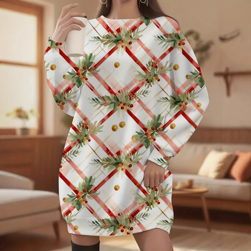 Платье от полиестер, коледен принт, кръгло деколте, дълги ръкави, миди дължина