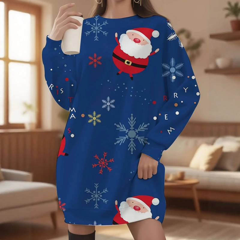 Платье от полиестер, коледен принт, кръгло деколте, дълги ръкави, миди дължина