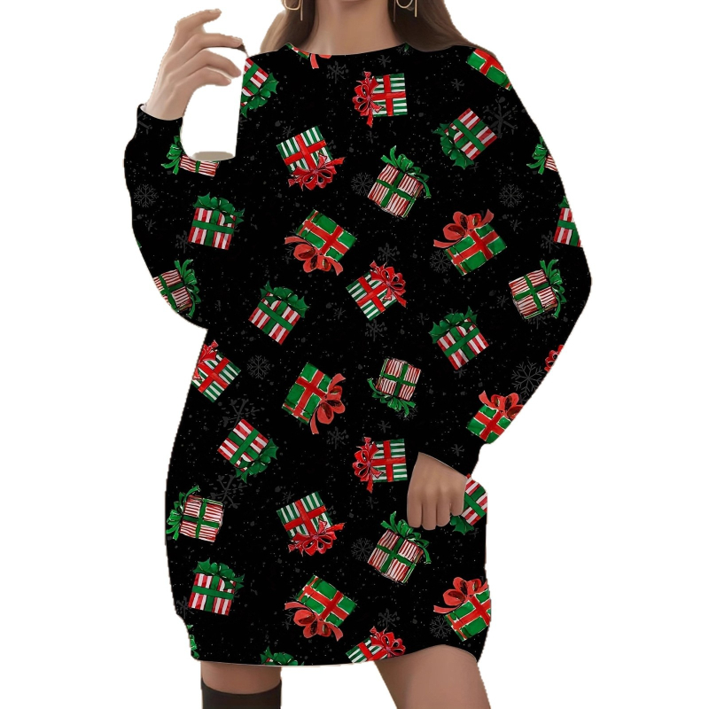 Платье от полиестер, коледен принт, кръгло деколте, дълги ръкави, миди дължина