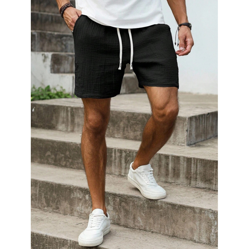 Мъжки свободни шорти с връзка на талията и джобове, ретро стил, дължина 9/10, памук CVC