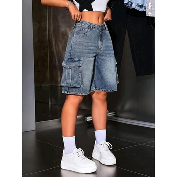 Дънкови дамски къси панталони в винтидж стил, свободна кройка, дължина 9/10, плат CVC, памук