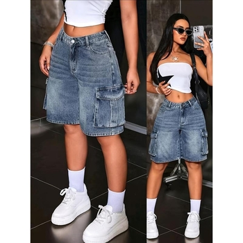 Дънкови дамски къси панталони в винтидж стил, свободна кройка, дължина 9/10, плат CVC, памук