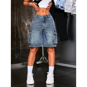 Дънкови дамски къси панталони в винтидж стил, свободна кройка, дължина 9/10, плат CVC, памук