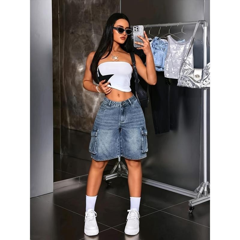 Дънкови дамски къси панталони в винтидж стил, свободна кройка, дължина 9/10, плат CVC, памук