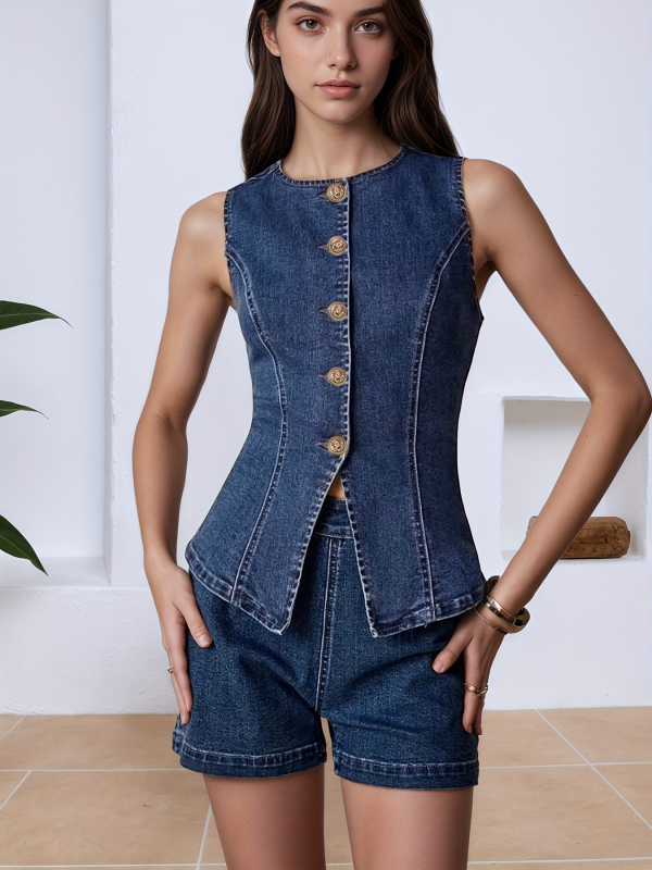 Безръкав жилет с талиява кройка, деним-памучна смес, копчета отпред, кръгло деколте (Лято 2025)