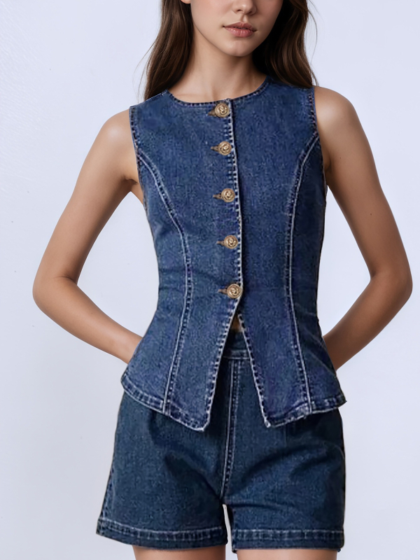 Безръкав жилет с талиява кройка, деним-памучна смес, копчета отпред, кръгло деколте (Лято 2025)