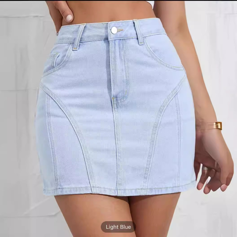 Fustă din denim pentru femei, slim, scurtă, spălată, cu efect de ridicare a feselor, 80-90% bumbac cu elastan (<30%), tratament mangan, stil feminin proaspăt, primăvara 2025