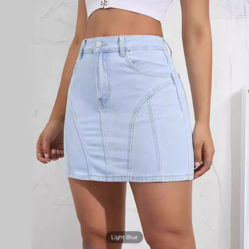 Fustă din denim pentru femei, slim, scurtă, spălată, cu efect de ridicare a feselor, 80-90% bumbac cu elastan (<30%), tratament mangan, stil feminin proaspăt, primăvara 2025