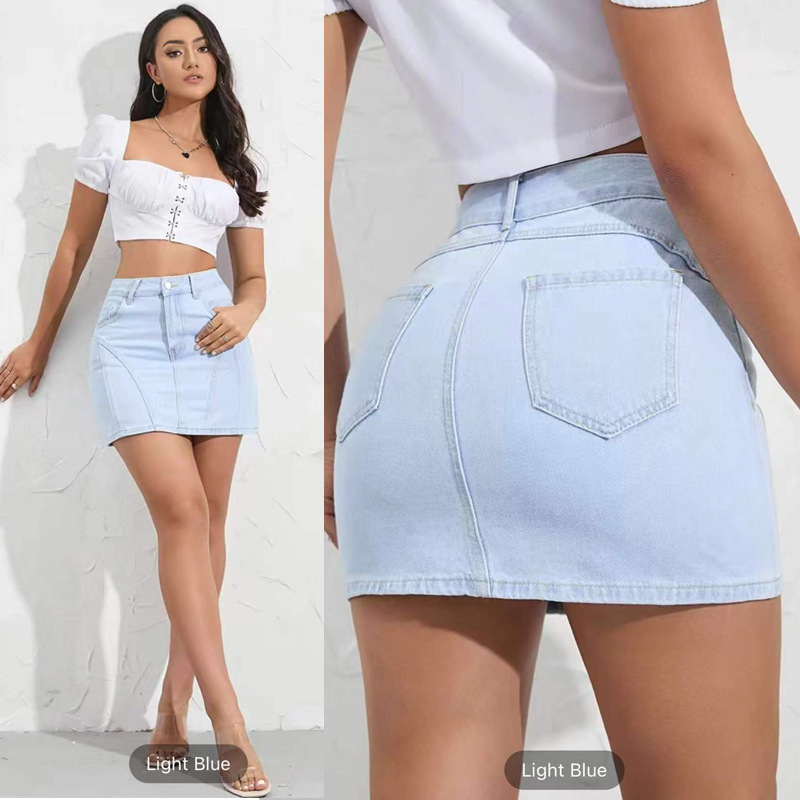 Fustă din denim pentru femei, slim, scurtă, spălată, cu efect de ridicare a feselor, 80-90% bumbac cu elastan (<30%), tratament mangan, stil feminin proaspăt, primăvara 2025