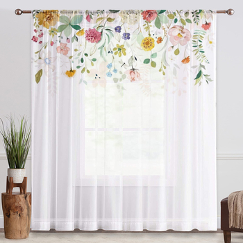 Полиестерна завеса с флорален принт, монтаж върху пръчка, частично засенчване 40-70%, модерен минималистичен стил, за дневна, спалня, кабинет, трапезария и антре