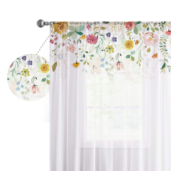 Полиестерна завеса с флорален принт, монтаж върху пръчка, частично засенчване 40-70%, модерен минималистичен стил, за дневна, спалня, кабинет, трапезария и антре
