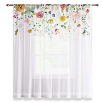 Полиестерна завеса с флорален принт, монтаж върху пръчка, частично засенчване 40-70%, модерен минималистичен стил, за дневна, спалня, кабинет, трапезария и антре