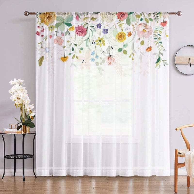 Полиестерна завеса с флорален принт, монтаж върху пръчка, частично засенчване 40-70%, модерен минималистичен стил, за дневна, спалня, кабинет, трапезария и антре