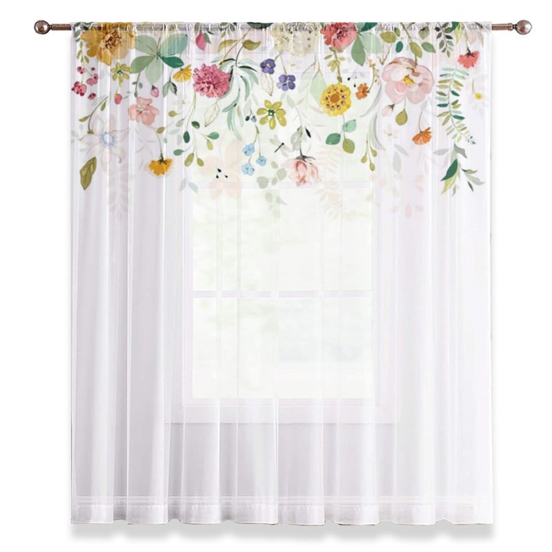 Полиестерна завеса с флорален принт, монтаж върху пръчка, частично засенчване 40-70%, модерен минималистичен стил, за дневна, спалня, кабинет, трапезария и антре