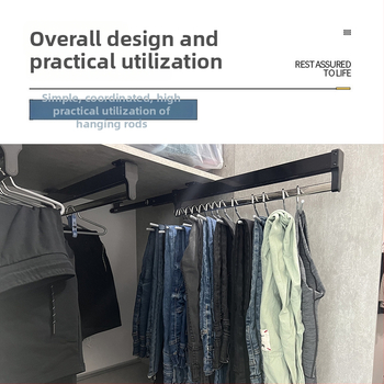Telescopická tyč na oblečenie do šatní, hornej montáž, vertikálny skladovací rám s háčikmi; materiály: studená valcovaná oceľ, nerezová oceľ, ABS plast; model 01; štýl: moderná jednoduchosť