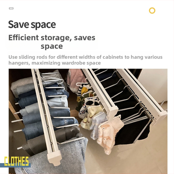 Telescopická tyč na oblečenie do šatní, hornej montáž, vertikálny skladovací rám s háčikmi; materiály: studená valcovaná oceľ, nerezová oceľ, ABS plast; model 01; štýl: moderná jednoduchosť