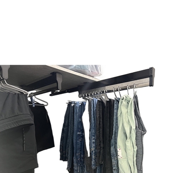 Telescopická tyč na oblečenie do šatní, hornej montáž, vertikálny skladovací rám s háčikmi; materiály: studená valcovaná oceľ, nerezová oceľ, ABS plast; model 01; štýl: moderná jednoduchosť