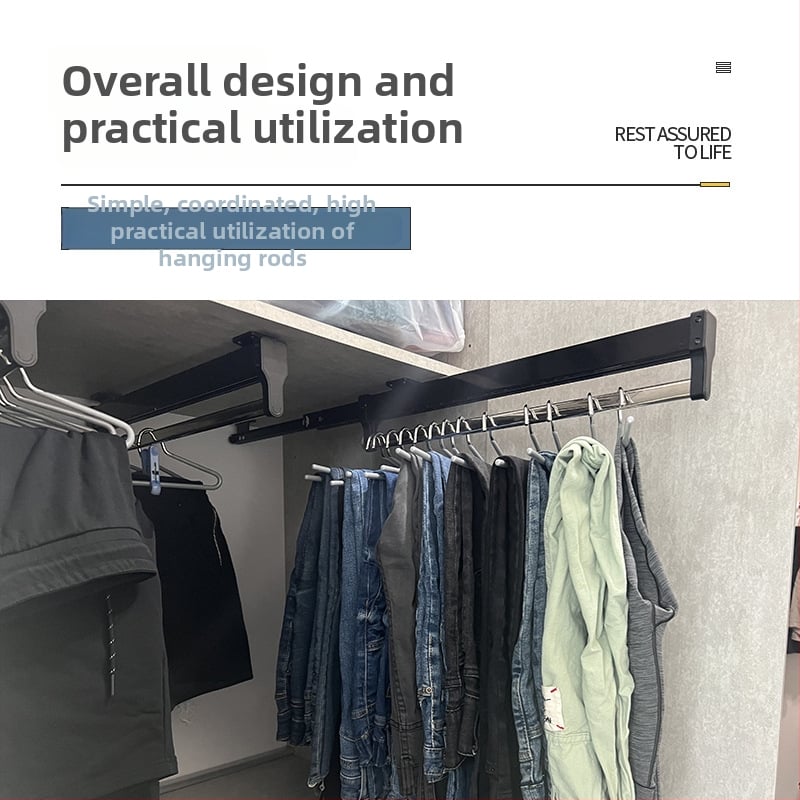 Telescopická tyč na oblečenie do šatní, hornej montáž, vertikálny skladovací rám s háčikmi; materiály: studená valcovaná oceľ, nerezová oceľ, ABS plast; model 01; štýl: moderná jednoduchosť