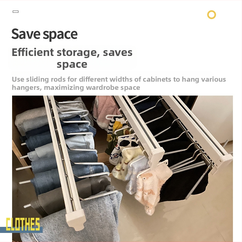 Telescopická tyč na oblečenie do šatní, hornej montáž, vertikálny skladovací rám s háčikmi; materiály: studená valcovaná oceľ, nerezová oceľ, ABS plast; model 01; štýl: moderná jednoduchosť